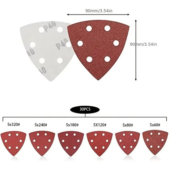 Twee driehoekige schuurpads, rood met 6 gaten en wit met 6 gaten. Afmetingen 90mm x 90mm. Onder de pads, de weergave van 30 stuks in 6 verschillende groftes.