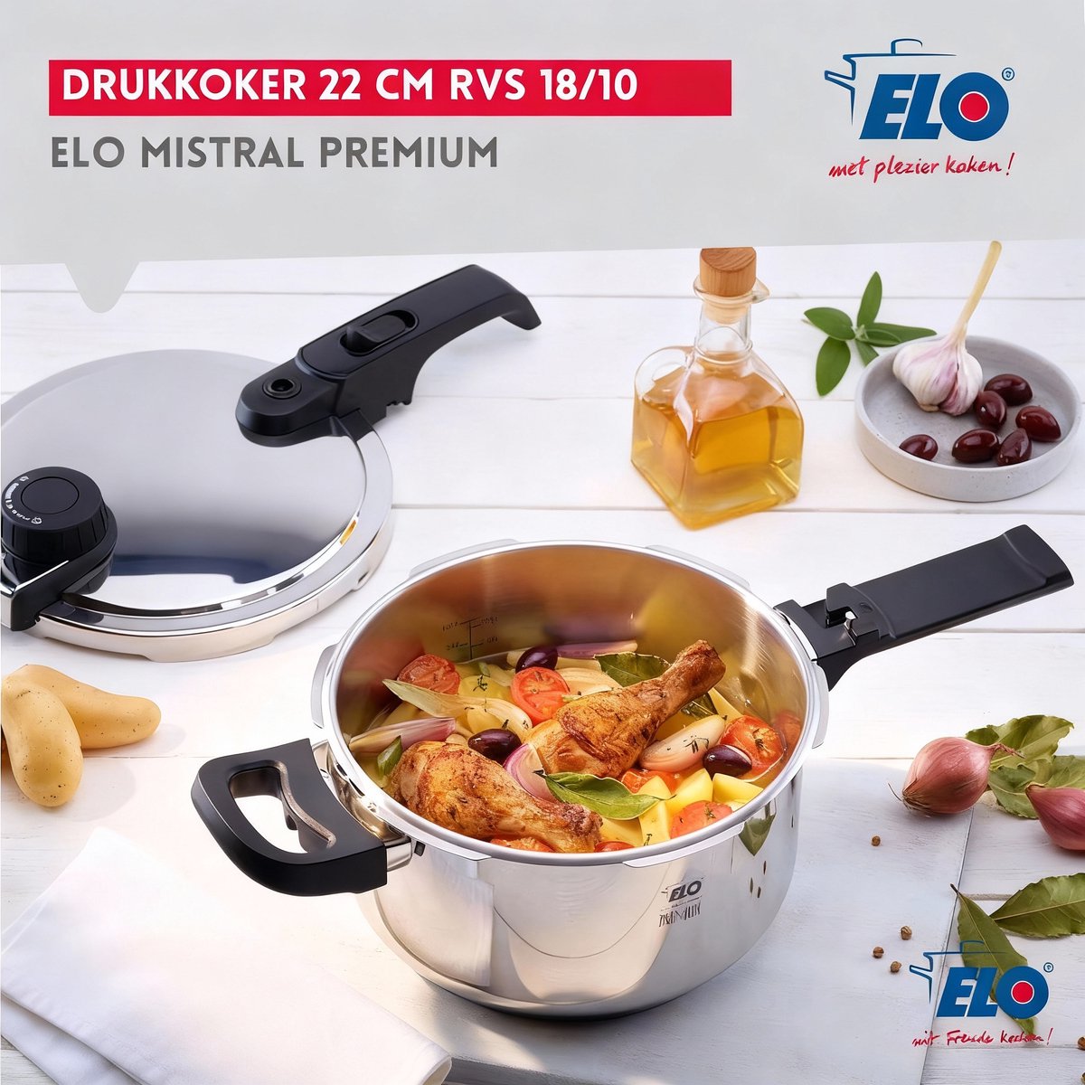 Stoomkoker van 18/10 roestvrij staal 22 cm 4,5 liter Elo Mistral Premium