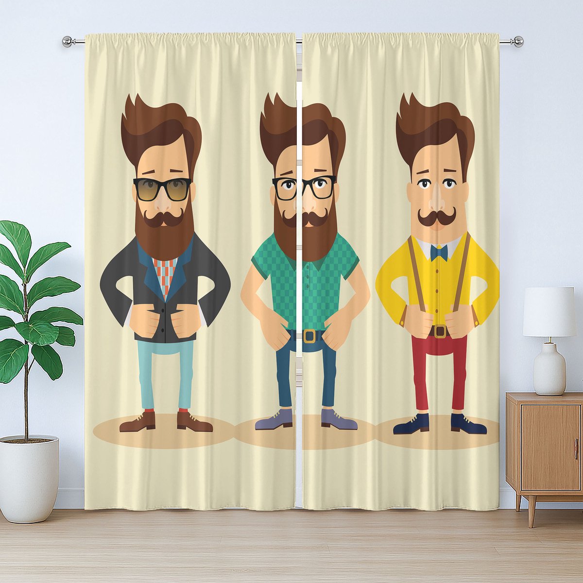 ABAKUHAUS Geek Rustic Gordijn, Heren Hipster Mode Schets, Slaapkamergordijn met plooien en haken, 280 x 175 cm, Beige Bruin Multicolor
