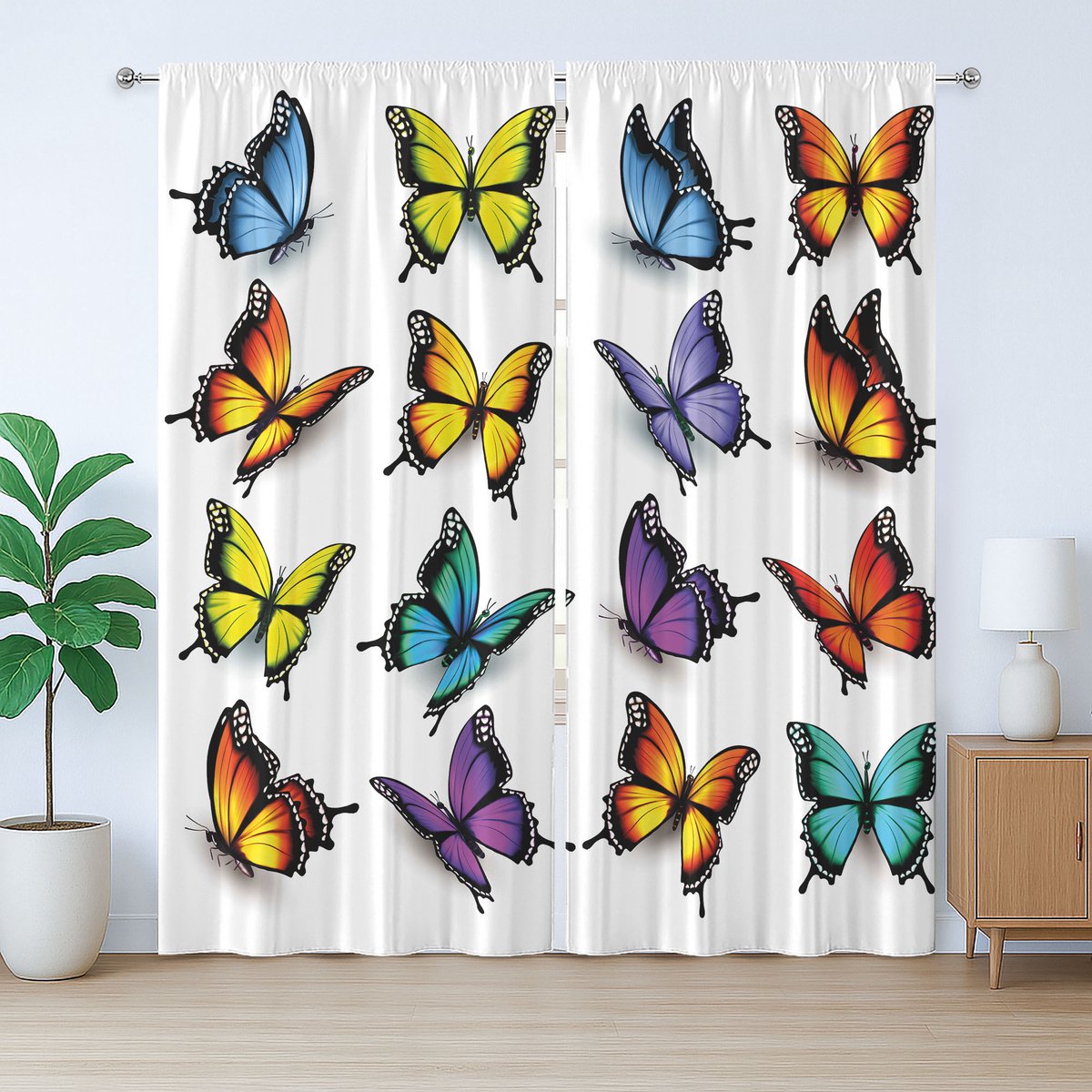 ABAKUHAUS Rustiek gordijn met vlinders, kleurrijke vleugels, lente, slaapkamergordijn met lussen en haken, 280 x 245 cm, wit, violet, geel