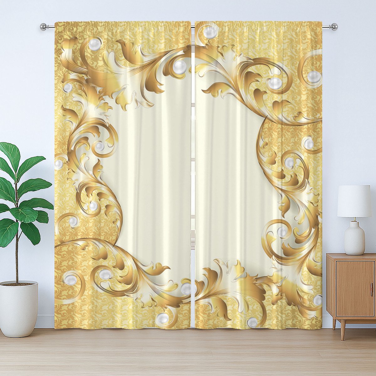 ABAKUHAUS Vintage Rustiek Gordijn, Gouden Bloemenrand, Slaapkamergordijn met Plooiing, Lusjes en Haken, 280 x 225 cm, Crèmegeel