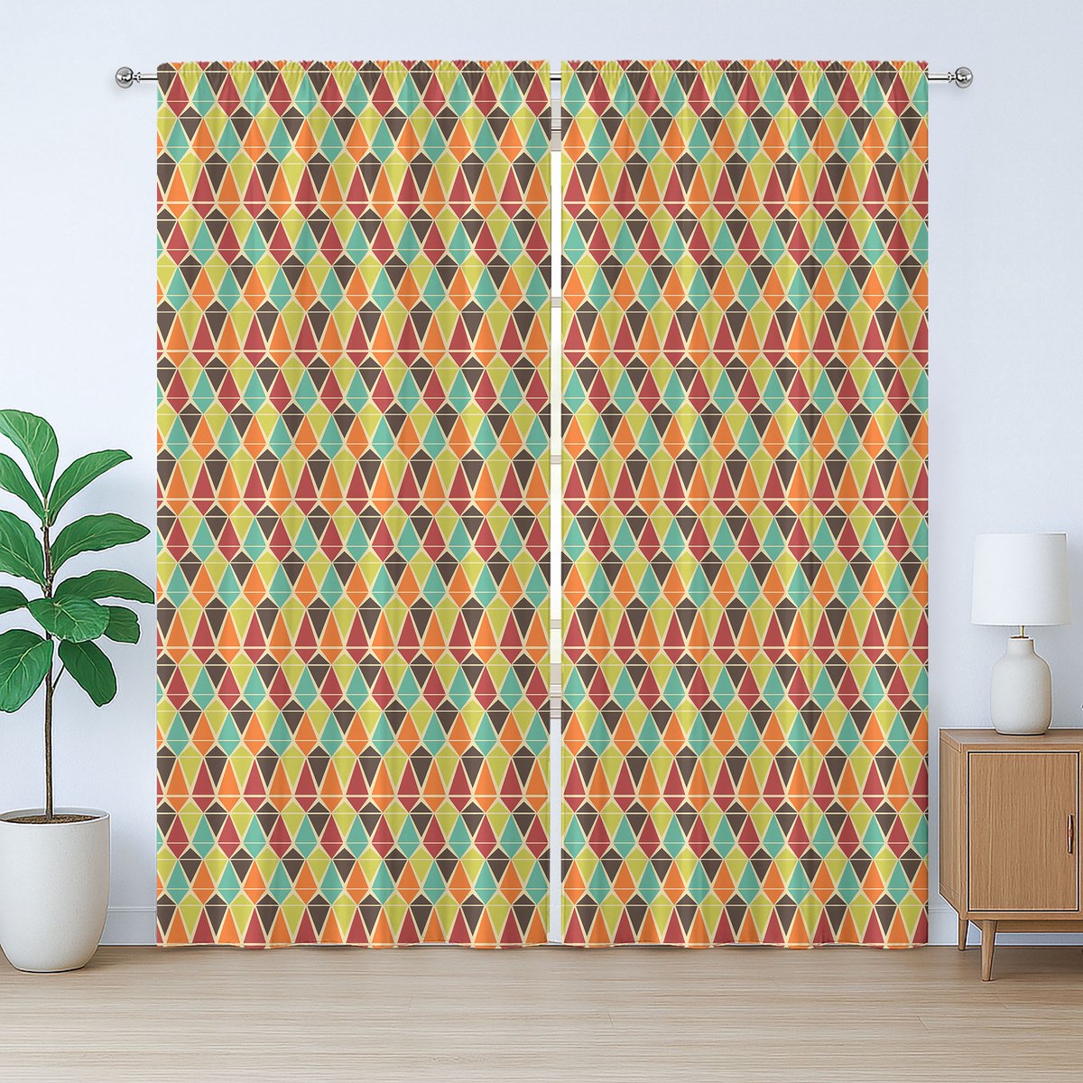 ABAKUHAUS Retro Rustiek Gordijn, Abstract: Driehoekig Mozaïek, Slaapkamergordijn met Plooiing, Lusjes en Haken, 280 x 260 cm, Multicolor