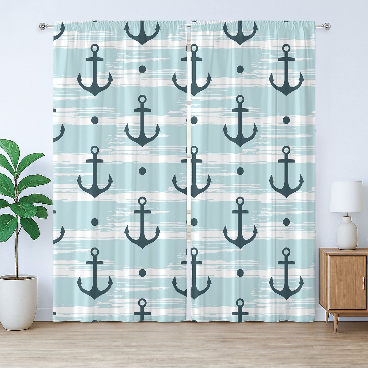 ABAKUHAUS Anker Rustiek Gordijn, Ankerpatroon, Slaapkamergordijn met Geplooide Band, Lussen en Haken, 280 x 225 cm, Lichtblauw Donkergroen