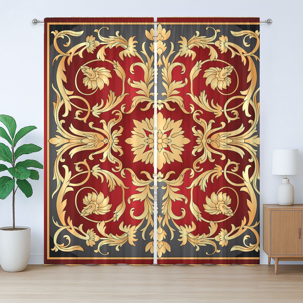 ABAKUHAUS Turks patroon rustiek gordijn, spiraalvormig bladmotief, Gordijn met plooien, lussen en haken, 280 x 175 cm, mosterdzwart robijnrood