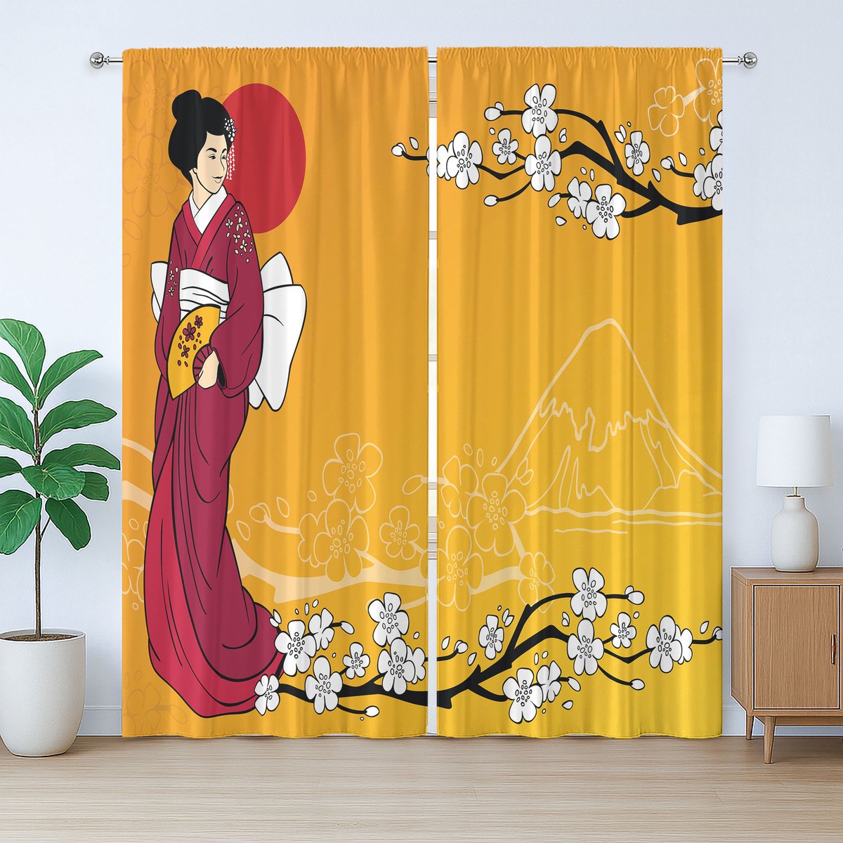 ABAKUHAUS Rustiek gordijn met kersenbloesemmotief, Geisha-dame, slaapkamergordijn met plooien, lussen en haken, 280 x 225 cm, aardgeel bordeauxrood
