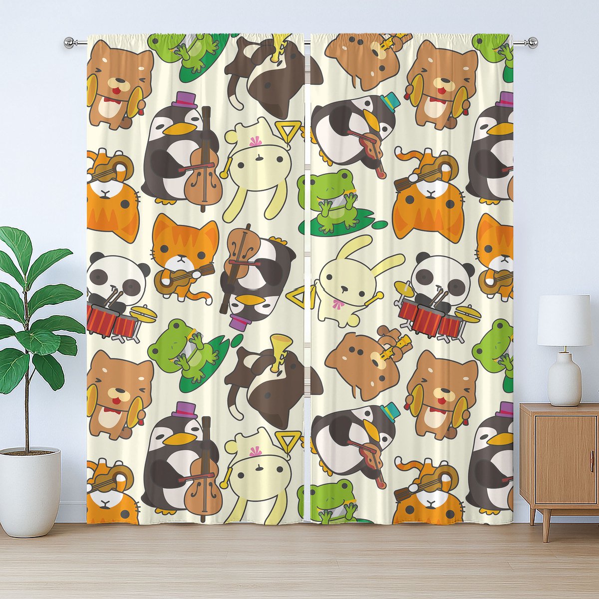 ABAKUHAUS Rustiek gordijn voor de kleuterschool, cartoon dieren en muziek, met lussen en haken voor de slaapkamer, 280 x 175 cm, geelgroenbruin
