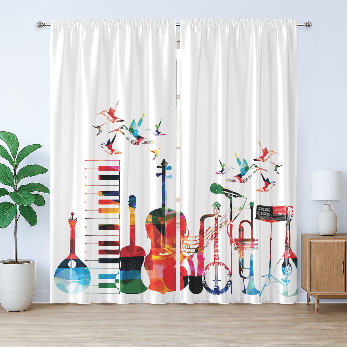 ABAKUHAUS Muziekgordijn in rustieke stijl, kleurrijke instrumenten, met lussen en haken voor de woonkamer, 280 x 175 cm, meerkleurig