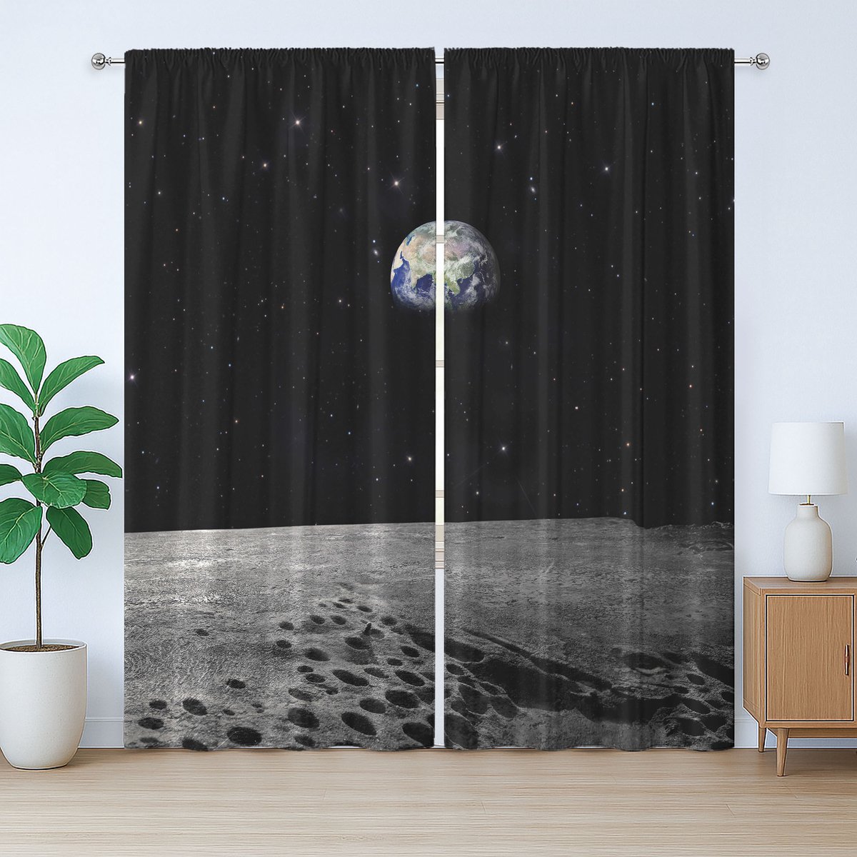 ABAKUHAUS Rustiek Gordijn met Aardemotief, Planeet Aarde gezien vanaf de Maan, met Lussen en Haken , 280 x 225 cm, Zwart Blauw Grijs