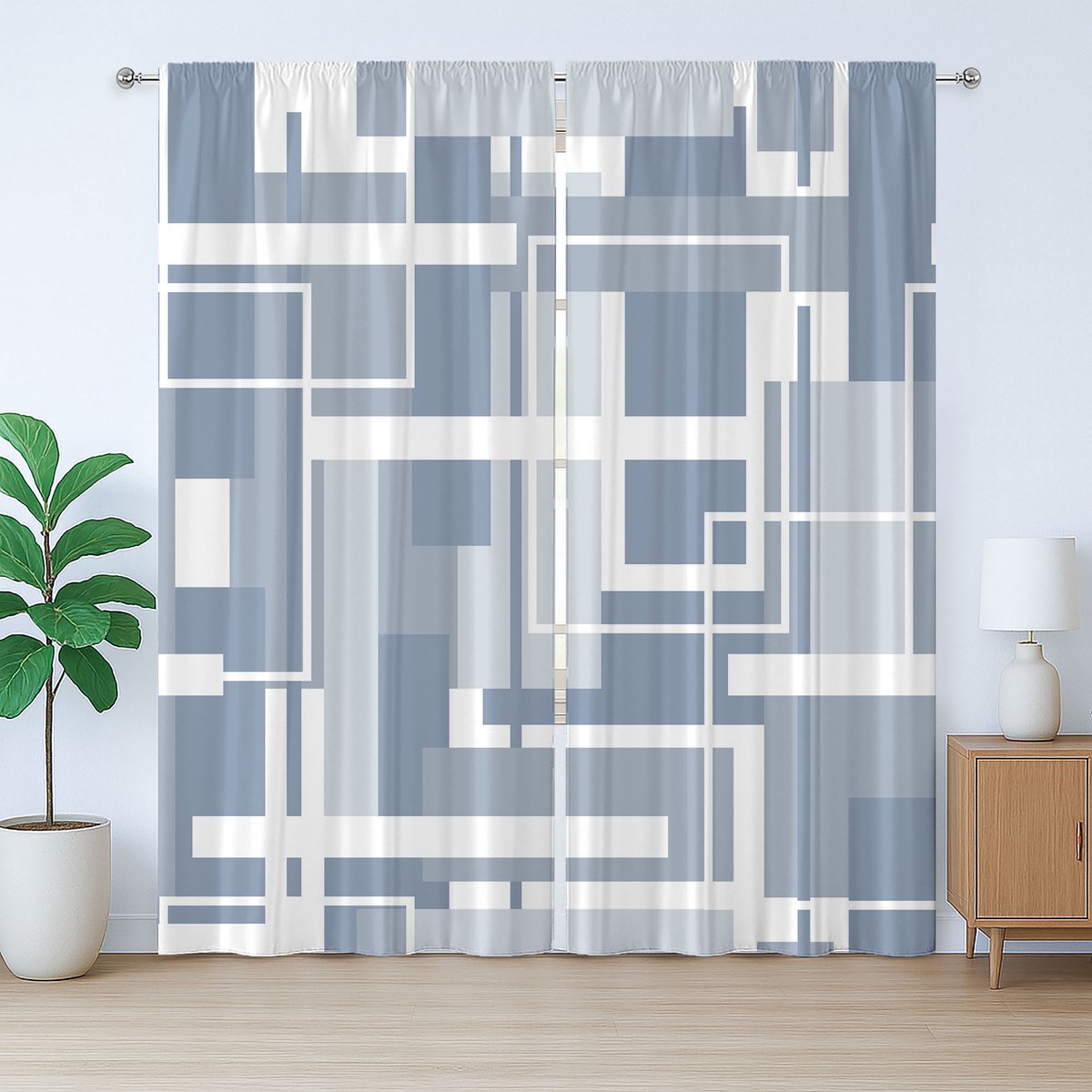 ABAKUHAUS Geometrisch rustiek gordijn, futuristische strepen, slaapkamergordijn met plooien, lussen en haken, 280 x 245 cm, Cadetblauw wit grijs