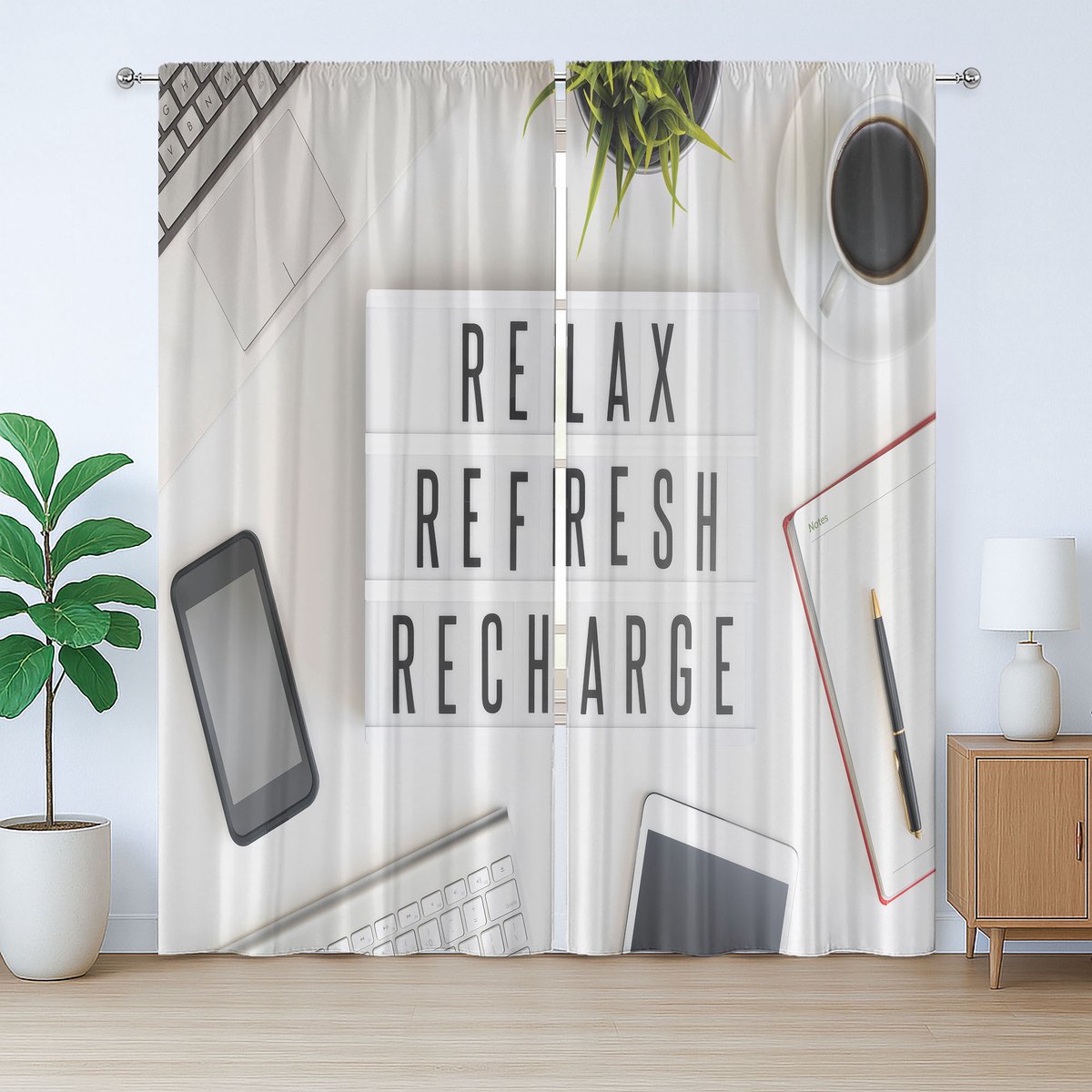 ABAKUHAUS Rustiek Gordijn met Tekst: Ontspan, Verfris en Laad Op, Geplooid Gordijn voor de Slaapkamer met Lussen en Haken, 280 x 225 cm, Multicolor