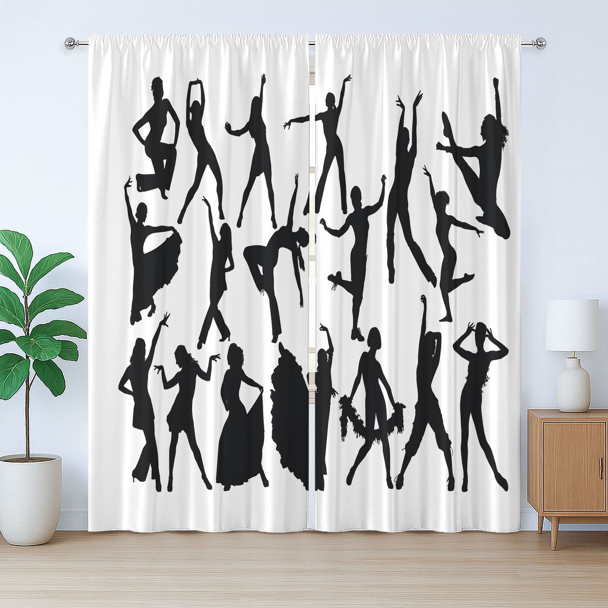 ABAKUHAUS Zwart-wit rustiek gordijn, silhouetten van dansers, met lussen en haken voor de woonkamer, 280 x 245 cm, zwart-wit
