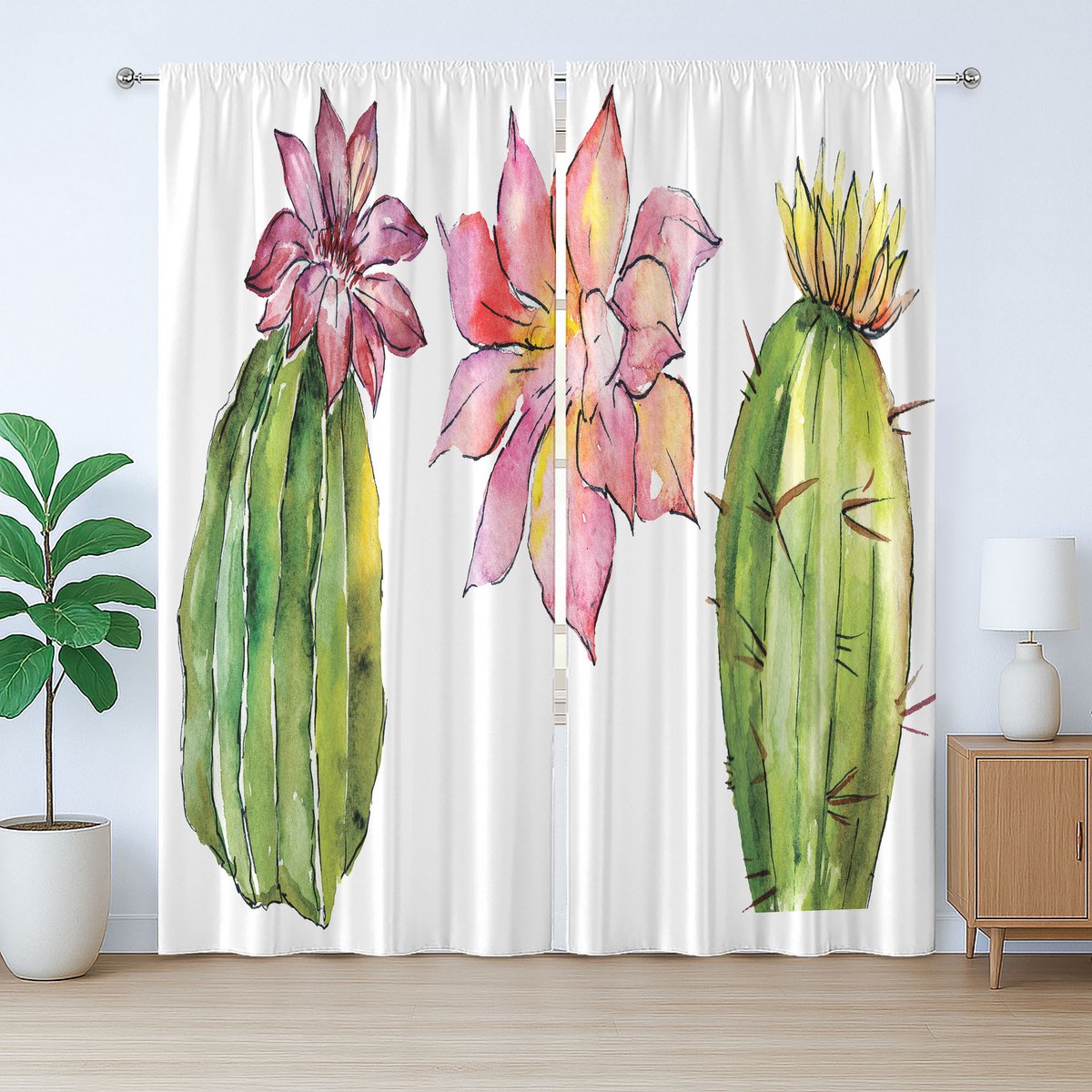ABAKUHAUS Planten Aquarel Rustiek Gordijn, Succulenten, Woonkamer met Bandjes, Lussen en Haken, 280 x 225 cm, Wit Groen Roze