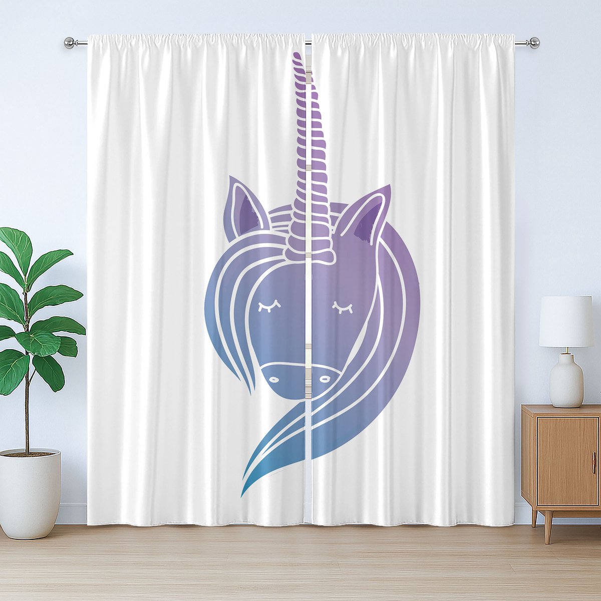 ABAKUHAUS Eenhoorn rustiek gordijn, dierenprint, slaapkamergordijn met lussen en haken, 280 x 175 cm, lavendel en blauw