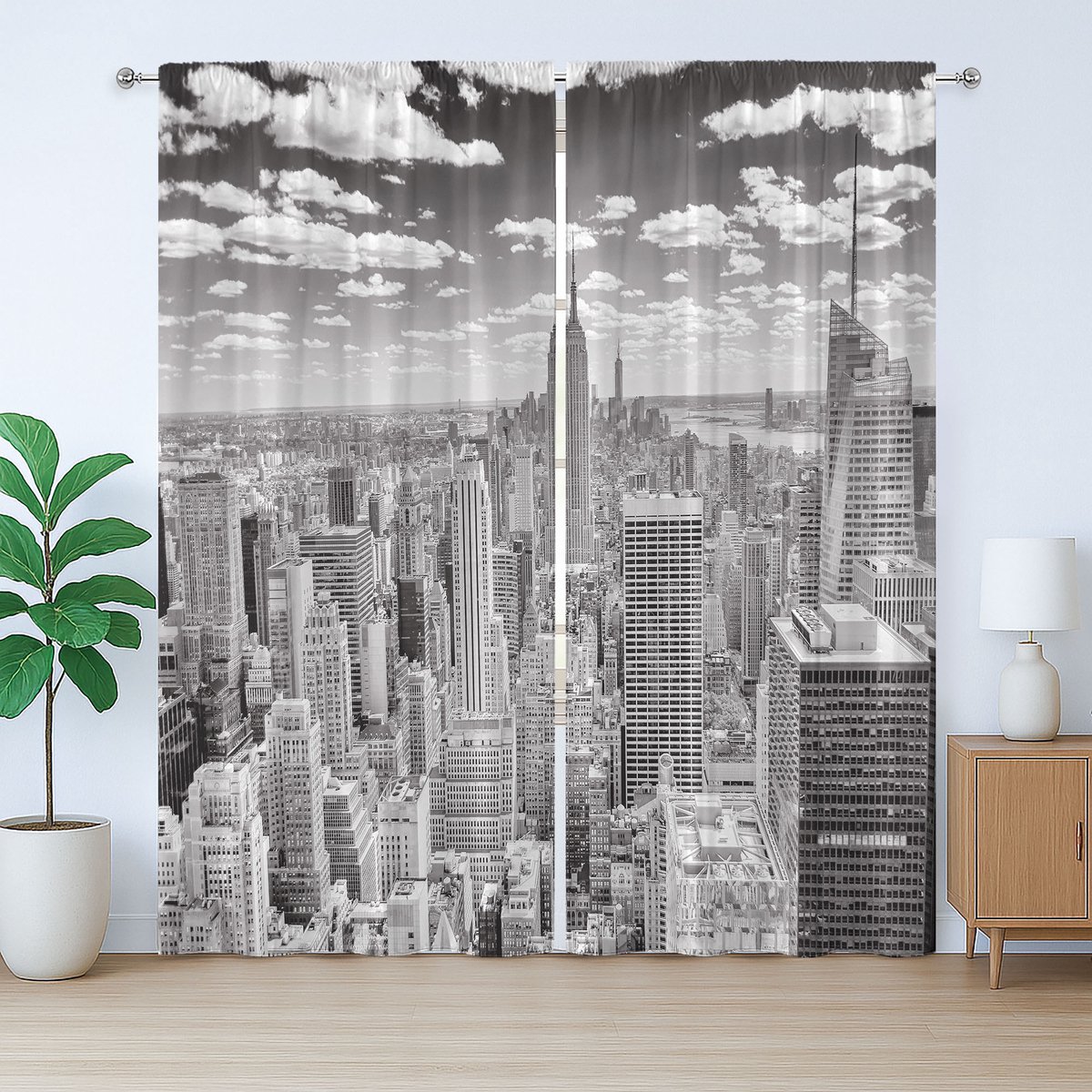 ABAKUHAUS Rustiek Stadsgordijn, Manhattan Stadsgezicht, Slaapkamergordijn met plooien, lussen en haken, 280 x 175 cm, Grijs