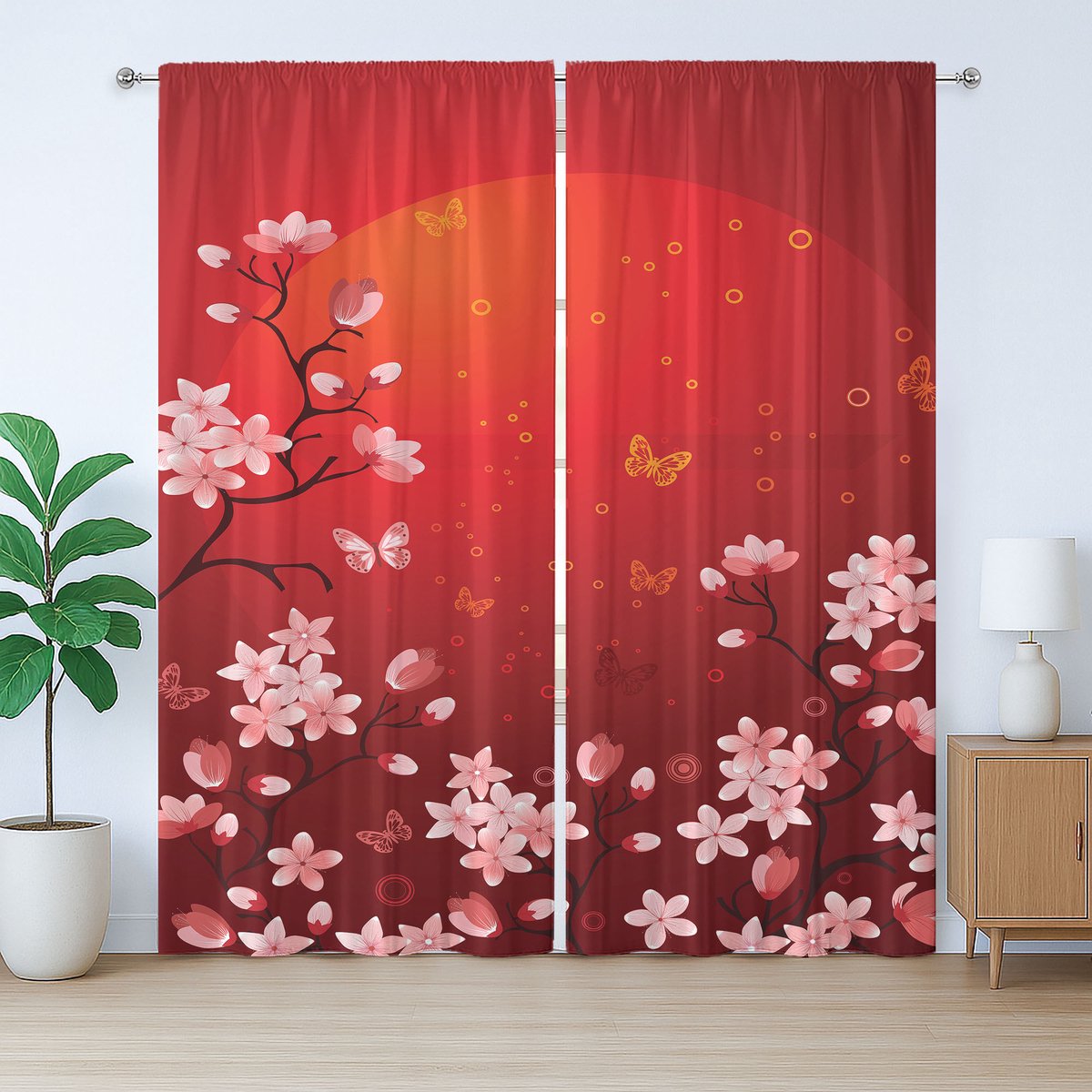 ABAKUHAUS rode rustieke gordijnen, abstracte zonsondergang en sakura, met lussen en haken voor de woonkamer, 280 x 245 cm, koraaloranje rood