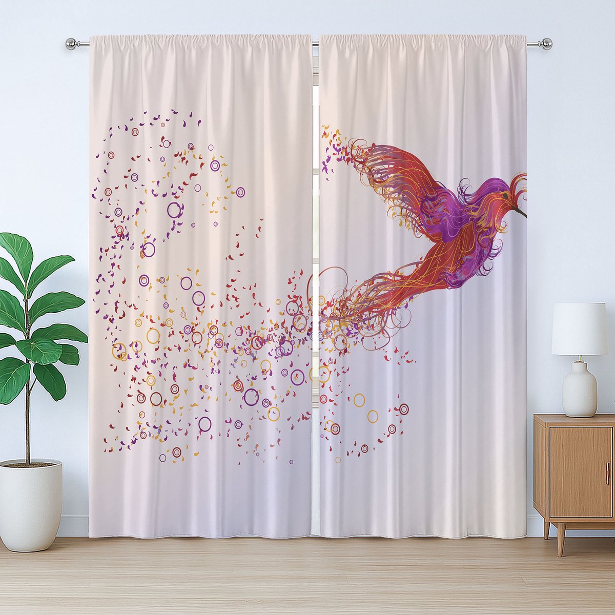 ABAKUHAUS Rustiek Vogelgordijn, Abstracte Kolibrie, met Bandjes en Haken voor de Woonkamer, 280 x 245 cm, Multicolor