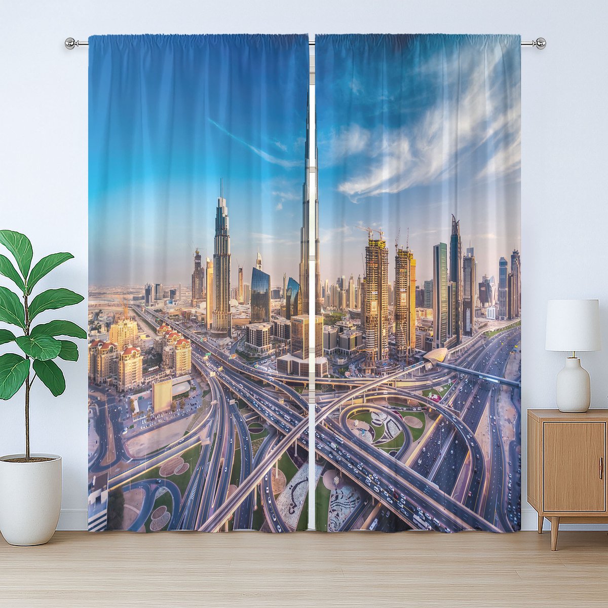 ABAKUHAUS Dubai Rustiek Gordijn, Panoramisch Verkeer Dubai, Slaapkamergordijn met Plissébanden, Lussen en Haken, 280 x 225 cm, Blauw Ivoor Goudsbloem