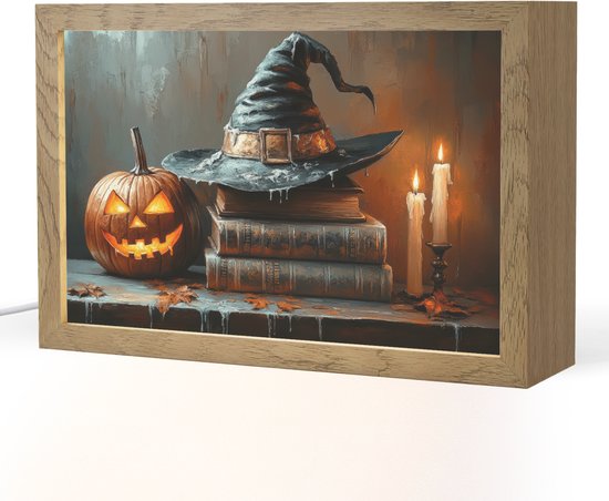 Tafellamp 30x20 cm - LED lamp - Halloween - Stilleven - Heksenhoed - Pompoen - Heks - Decoratieve tafellampen - Dimbaar - Tafellampje slaapkamer - Woonkamer binnen