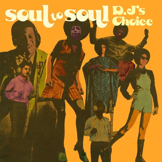 Groep mensen in retrokleding en afro's, met de tekst 'soul to soul P.J.'s Choice'.