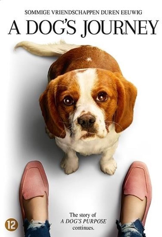 Een close-up van een beagle, met de tekst "A Dog's Journey". Twee personen in roze schoenen staan aan de onderkant.