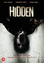 DVD hoes met de titel 'HIDDEN'. Een persoon hangt ondersteboven met open mond en de tekst 'Imagine your addiction. Imagine your addiction coming to life...'. 16 leeftijdskeurmerk.