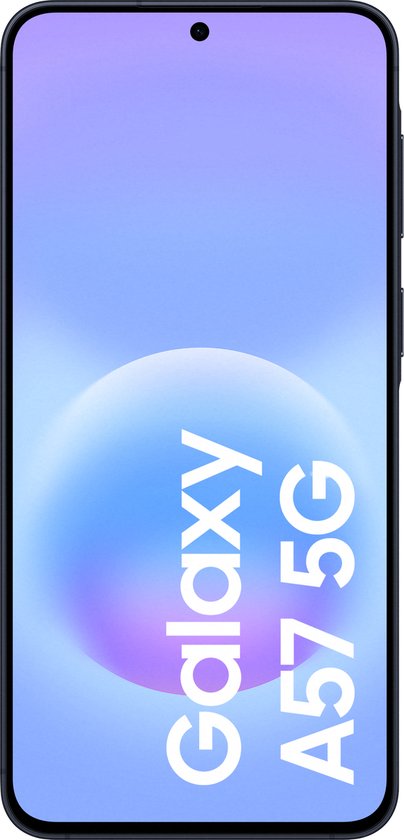Donkerblauwe Samsung Galaxy A57 5G smartphone met paars/blauwe achtergrond en de tekst 'Galaxy A57 5G'.