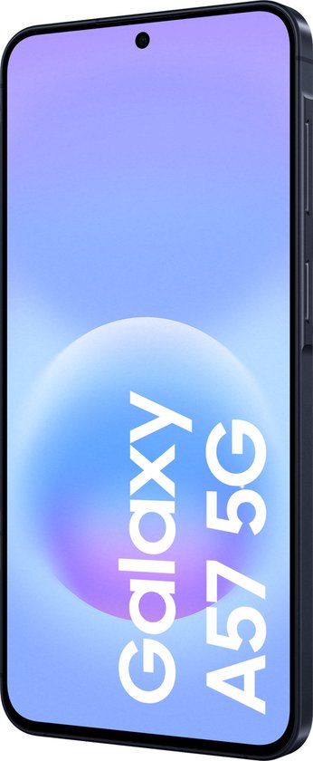 Donkerblauwe Samsung Galaxy A57 5G smartphone met paars/blauwe achtergrond en de tekst 'Galaxy A57 5G'.