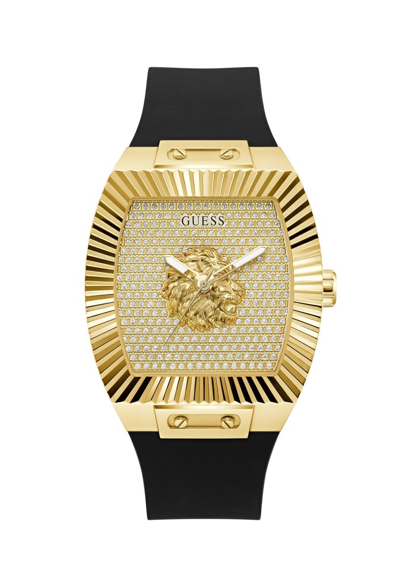 Guess Phoenix Quartz Analoog Horloge Goudtint En Zwart Kast: 100% Roestvrij Staal | Armband: 100% Siliconen 43 mm GW1066G2, GW1066G3