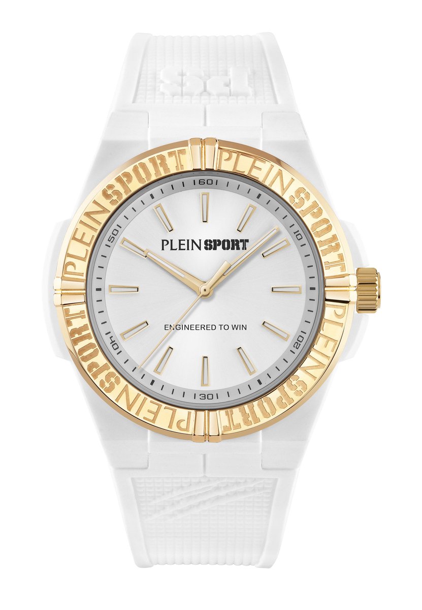 Plein Sport Laserstrike Kwarts Analoog Horloge Wit En Goudtint Kast: 100% Gerecycled Roestvrij Staal| Armband: Siliconen 42 mm PSFGA0626, PSFGA0726, PSFGA0826, PSFGA0926, PSFGA1026