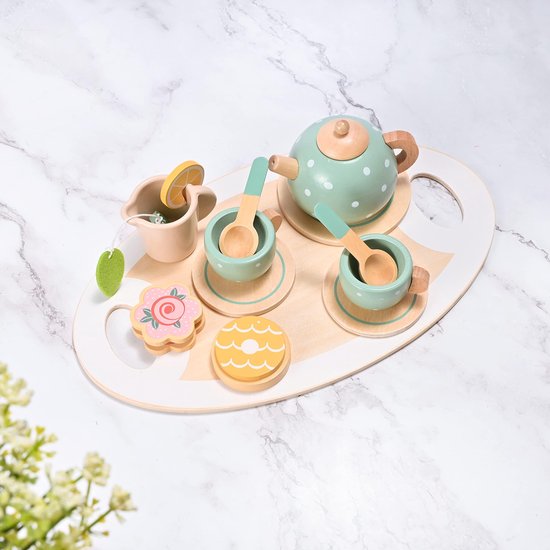 Houten theeservies voor kinderen - Houten speelkeukenaccessoires - Theeservies - Theeset voor een theefeestje - Houten speelkeuken voor kinderen - Kinderservies, rollenspelcadeau - voor meisjes en jongens - Groen — afbeelding 3
