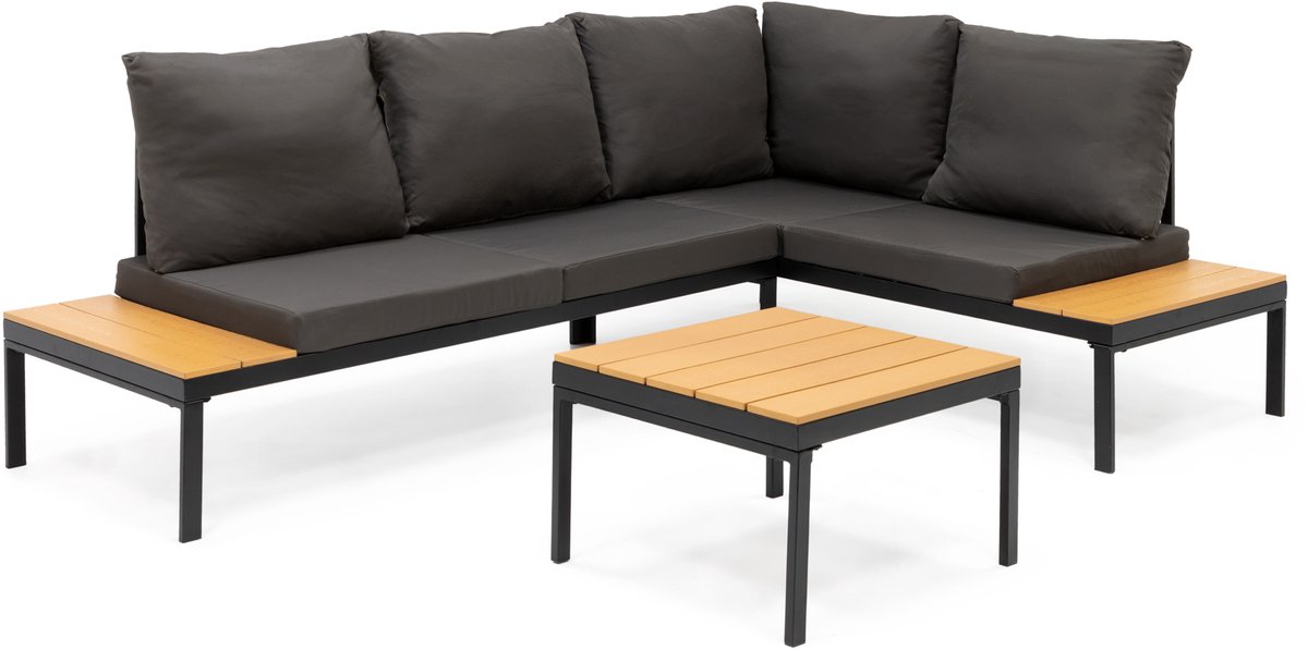 Springos Tuinmeubelset - Loungeset - Tuinmeubilair - Bank - Stoelen - Tafel - Kussens - Zwart - Bruin - Staal - Hout - 150 Kg thumbnail 4