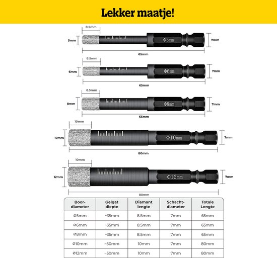 Vijf diamantboren met schachten van 7mm. Diameters: 5mm, 6mm, 8mm, 10mm, 12mm. Lengtes 65mm of 80mm.