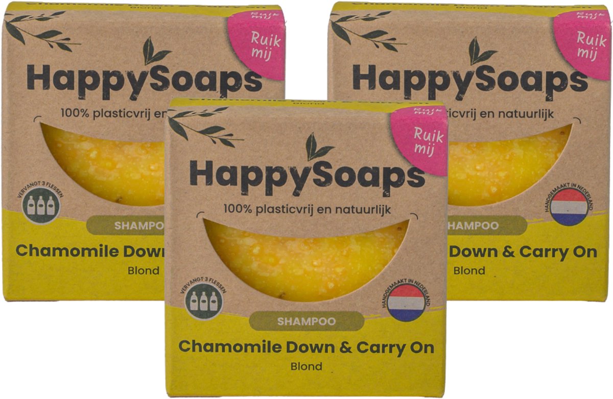 HappySoaps Chamomile Down – 3× Shampoo Bar – Halfjaar Box – Natuurlijke Shampoo – Kamille – Voordeelverpakking