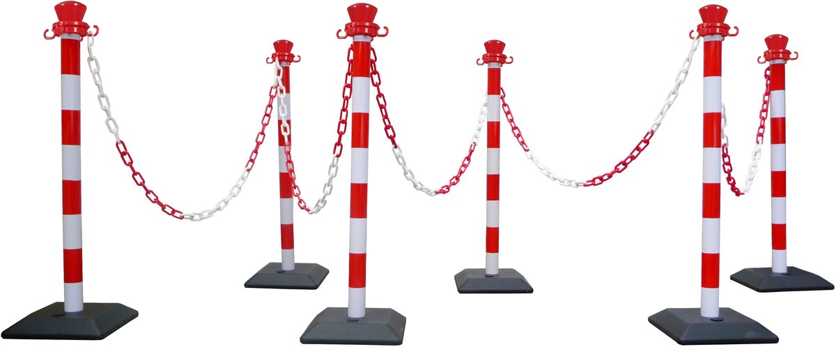 Set van 6 monobloc ABS-palen met 10 m ketting – verzwaarde basis – rood/wit
