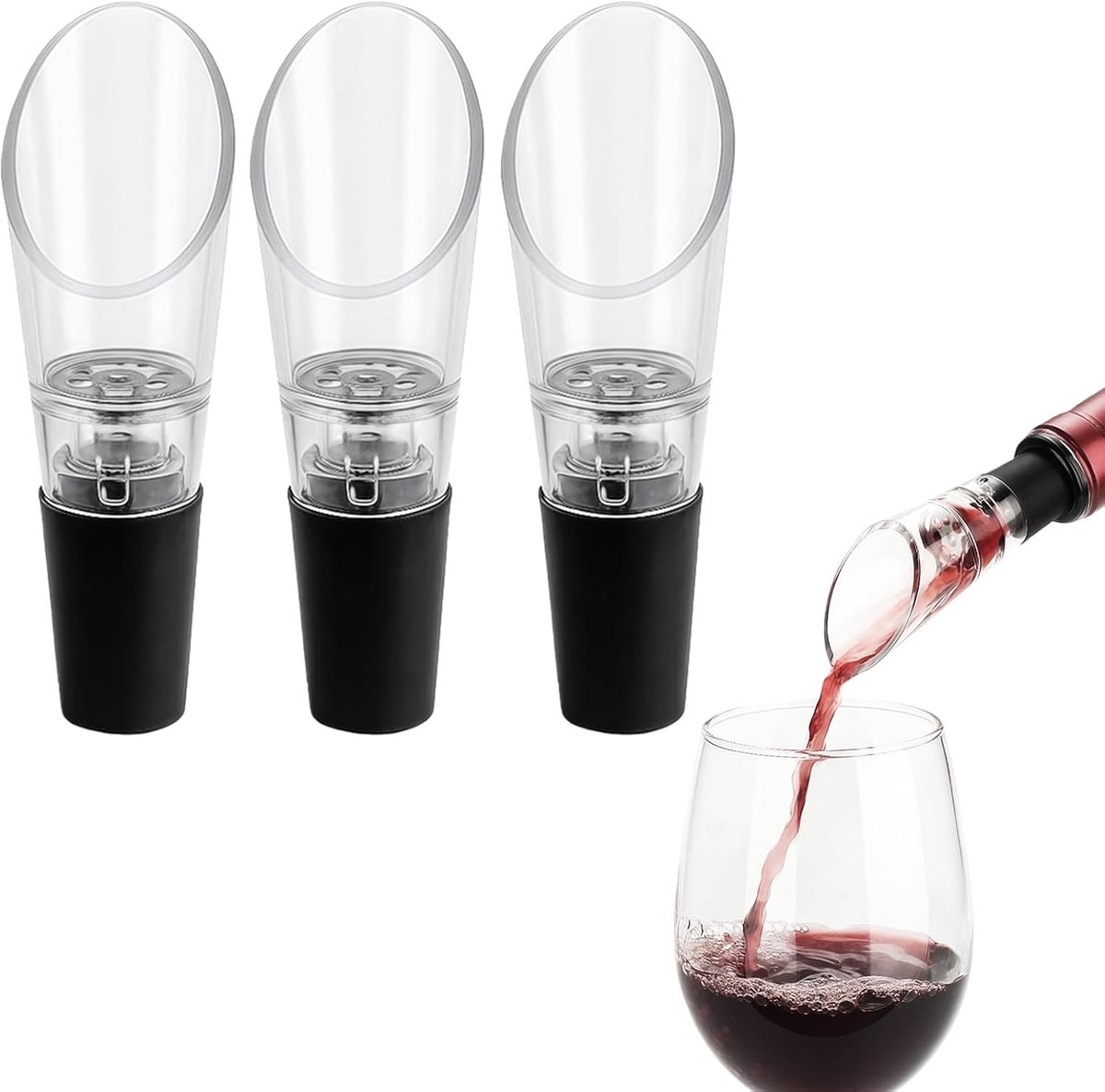 Wijn Beluchter - Wijn Schenker - Snel Decanteren - Druppelloos Ontwerp - 3 Stuks - Zwart