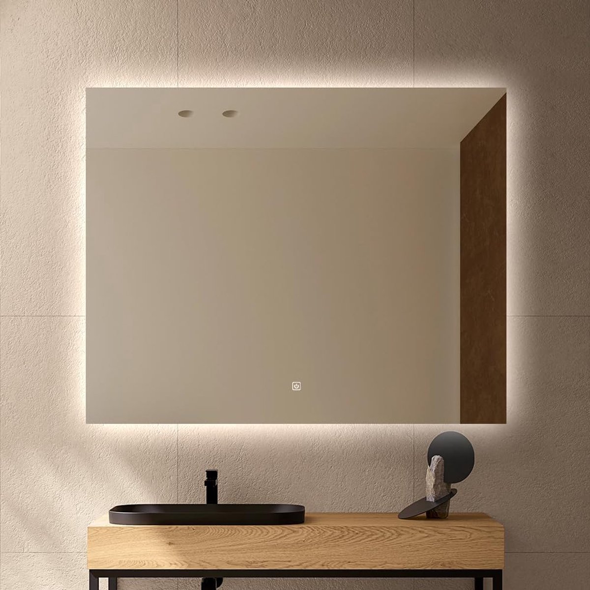 LED Wandspiegel - Verlichte Spiegel - Badkamer Gebruik - Ontwasfunctie Touch Bediening - 80 x 100 cm - Houtkleurig Frame