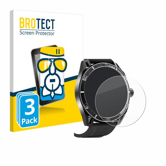 Verpakking met 3 BROTECT displaybeschermers naast een smartwatch met zwarte band en lunette met cijfers.