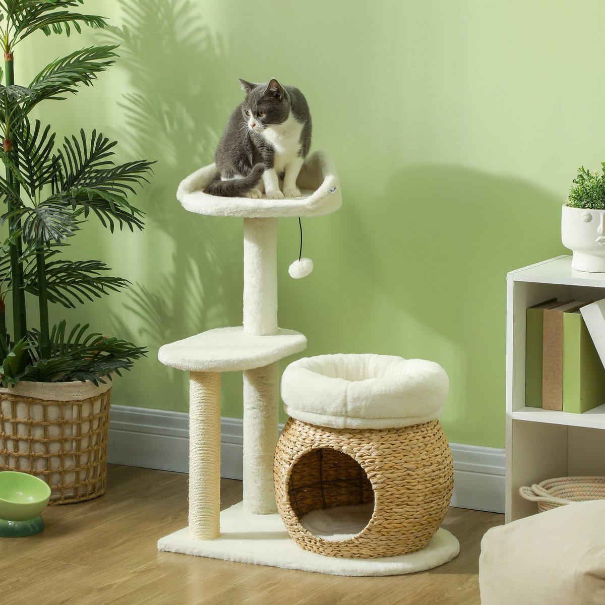 Wishdor - Kattenkrabpaal - Met Kattenhuis, Ligbedden En Speelbal - Modern - Voor Binnen - Spaanplaat, Sisal En Pluche - Crèmewit - 60 X 40 X 79 Cm