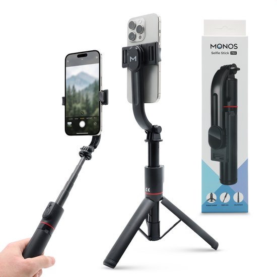 Zwarte selfie stick "Monos Selfie Stick PRO" met statief, iPhone in houder, en verpakking.