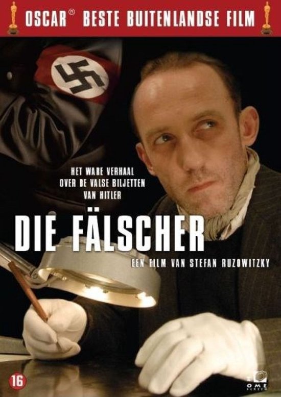 Filmcover met de titel 'Die Fälscher'. Een man met een sjaal kijkt naar rechts. Op de achtergrond een SS-uniform met swastika.