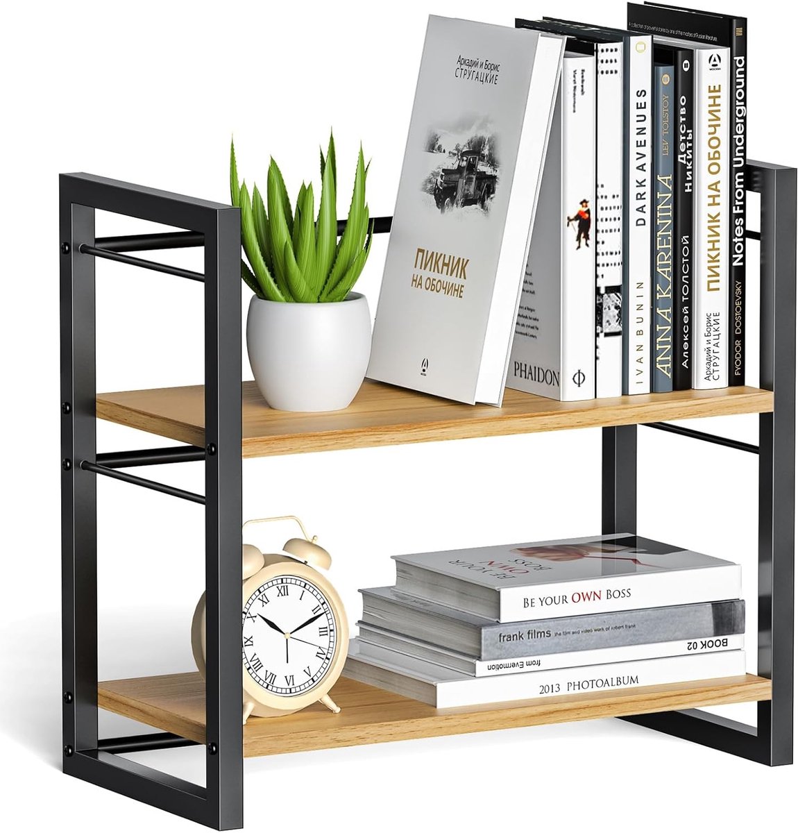 Houten Bureau Organizer 2-Laags – 40 cm – Opbergrek voor Bureau & Dressoir – Hout & Metaal – Minimalistisch en Ruimtebesparend Design