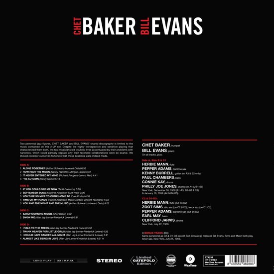 Albumhoes met de tekst 'Chet Baker Bill Evans' in grote letters. Tracklist en details van de opnames.