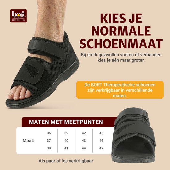 Zwarte BORT verbandsschoen, open model, met klittenbandsluiting. Maattabel is zichtbaar.