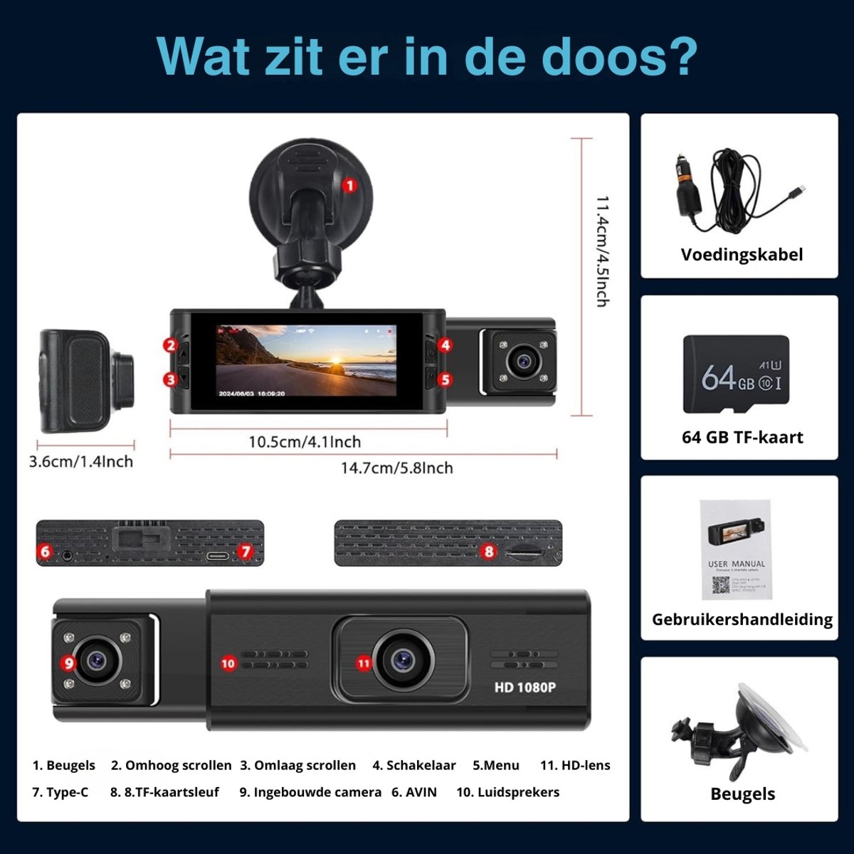 Dashcam - 1080P Full HD - 64GB - Voor auto - G-Sensor - Timelapse Functie - Dual Dashcam – foto 2