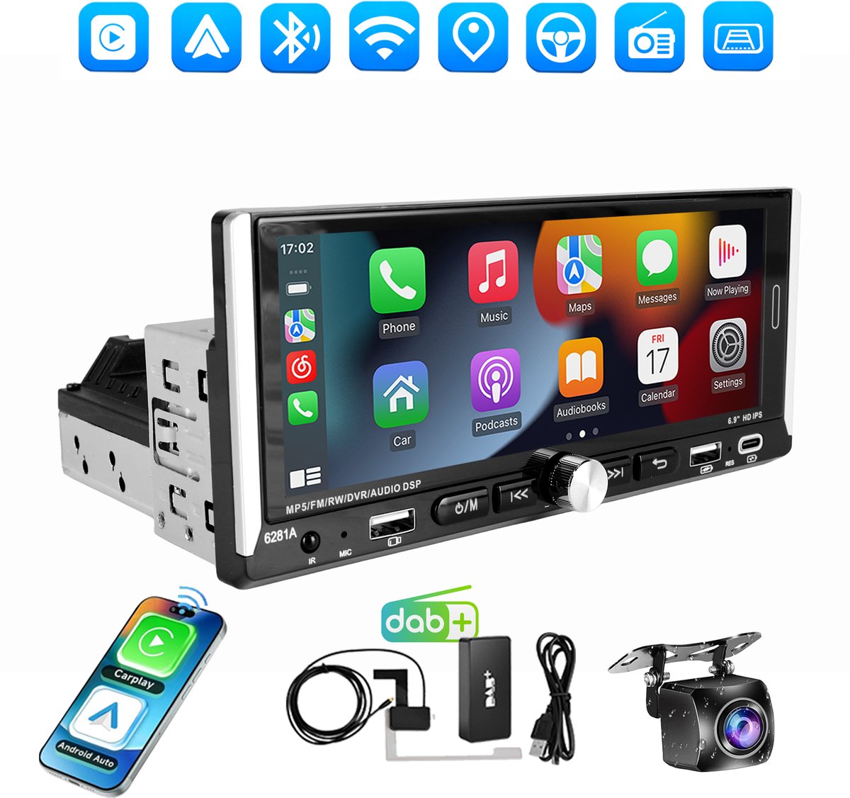 ESSGOO DAB Autoradio 1Din - Apple Carplay & Android Auto (Draadloos) - Android 15 - 6,9 Inch IPS Touchscreen - 4+64GB - GPS, Bluetooth, Dubbele USB+ Type-C - Achteruitrijcamera