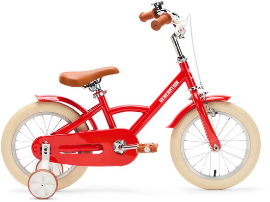 Vélo enfant rouge avec selle et poignées marron, pneus beiges et roulettes, vu de côté.