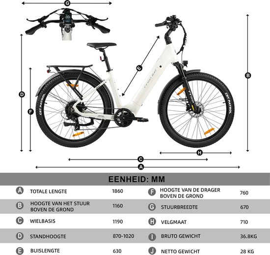 TTGO Z3 Elektrische Fiets - 48V 15Ah Accu (720Wh) - Achterwielmotor - Actieradius tot 120 km - 27.5×2.4 Inch Banden - LCD Display - Shimano 7 Versnellingen - Hydraulische Schijfremmen - Stadsfiets - Max. Belastbaar 125 kg - Wit van TTGO — afbeelding 3