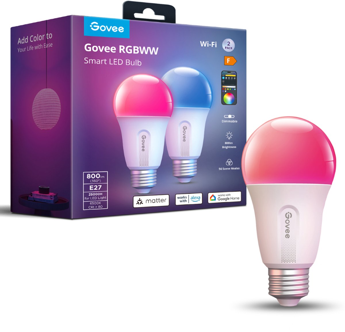 Govee slimme lamp E27 Matter RGBWW 6 cm - 800 lumen - 2 pack