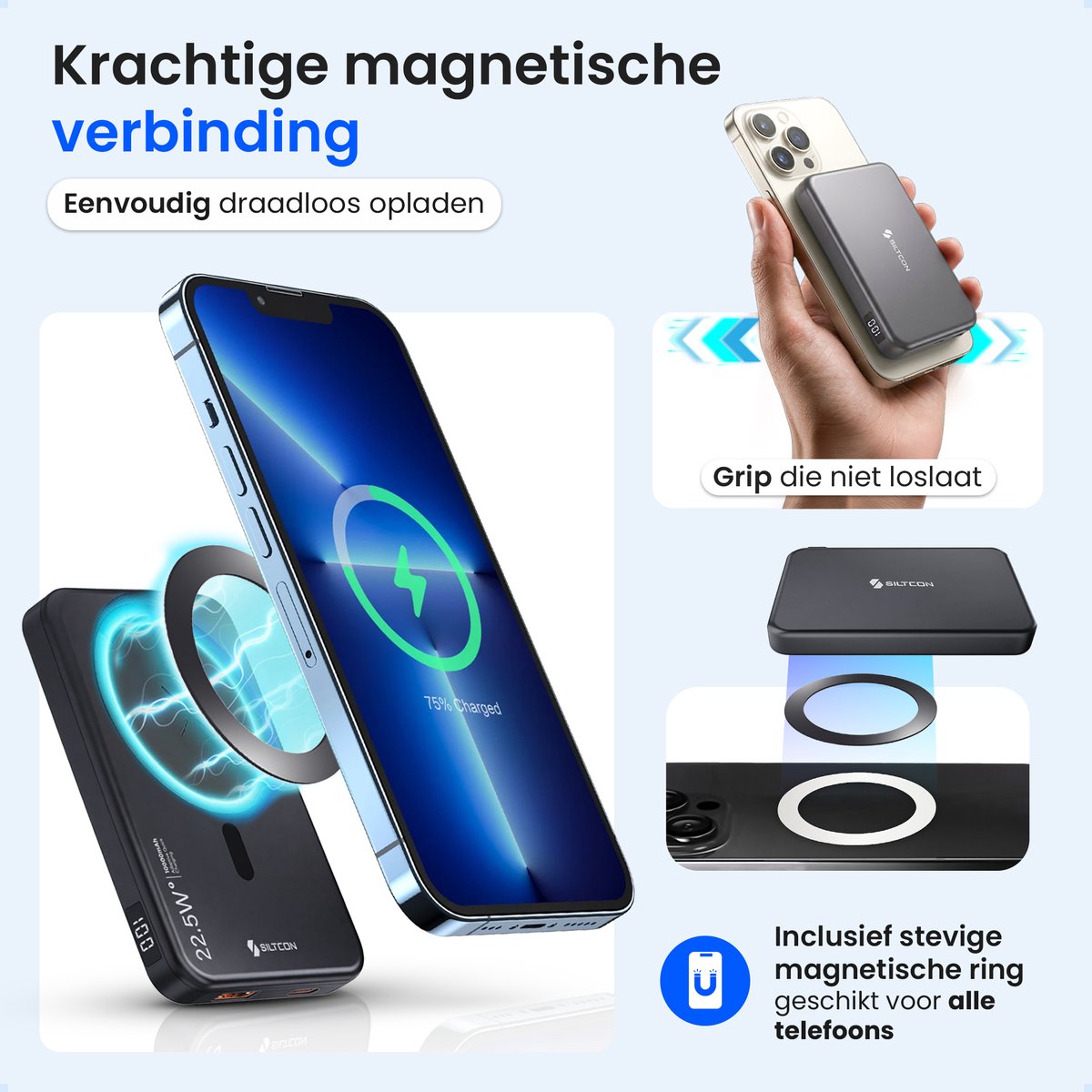 Siltcon® Draadloze Powerbank 10000 mAh - Geschikt voor MagSafe 15W - Powerbanks - Noodpakket - Magnetisch Opladen - USB-C 22.W - USB-A 18W - LED Display - Universeel Telefoons, Tablets & Meer - Ultra Dun — afbeelding 5