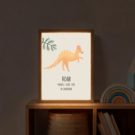 Nachtlampje 30x40 cm - Kinder lamp - Dino - Quote - Dinosaurus - Beige - Tafellamp kinderkamer draadloos - Slaapkamer lampje - Bedlamp kinderen - Kinderlampje - Wandlamp babykamer - Nachtlampjes van Merkloos — afbeelding 2